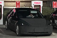 A masked Tesla Model 3 Highland was spotted charging with a unique, angular wheel design. (Image source: Reddit)