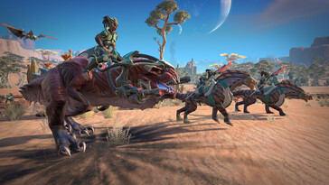 An image showing Amazons and dinosaurs in Age of Wonders: Planetfall.