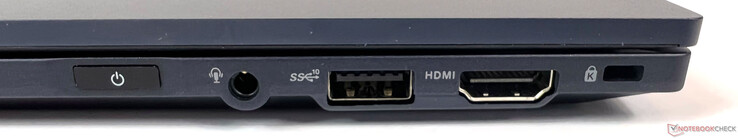 Connections on the right: 1x 3.5 mm jack (Mic-In / Audio-Out combined), 1x USB 3.2 Gen-2 (10GBit/s), 1x HDMI 2.0b, 1x Kensington