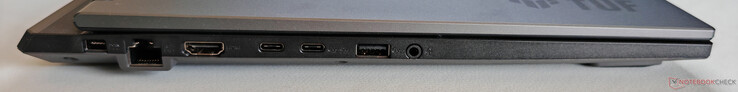 Left: Power supply unit, Gigabit Ethernet, HDMI 2.1 FRL, USB-C 3.2 Gen2 (10 Gbps, DisplayPort 2.1-out), USB-C 3.2 Gen.2 (10 Gbps, DisplayPort 2.1-out, G-Sync, Power Delivery 3.0), USB-A 3.2 Gen2 (10 Gbps), 3.5 mm audio jack