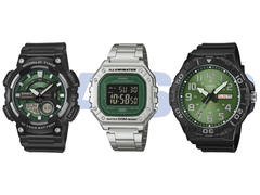 Pictured, from left to right: the Casio AEQ-110W-3A2V, W-218HD-3AV, and MRW-210H-3BV.