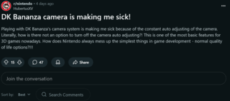 Reddit post #2 on Donkey Kong Bananza motion sickness (Image source: screenshot, Nintendo subreddit)