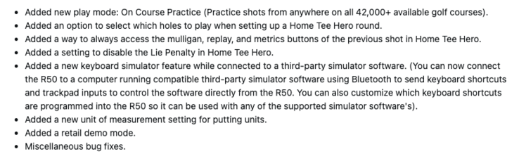 The change log for system software 8.40 for the Garmin Approach R50. (Image source: screenshot from Garmin forum)