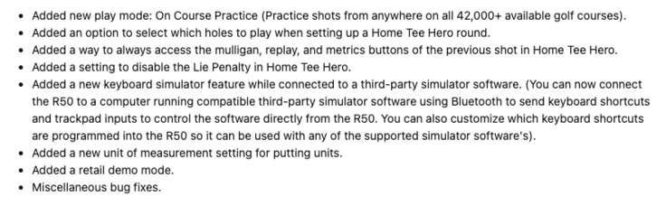 The change log for system software 8.40 for the Garmin Approach R50. (Image source: screenshot from Garmin forum)
