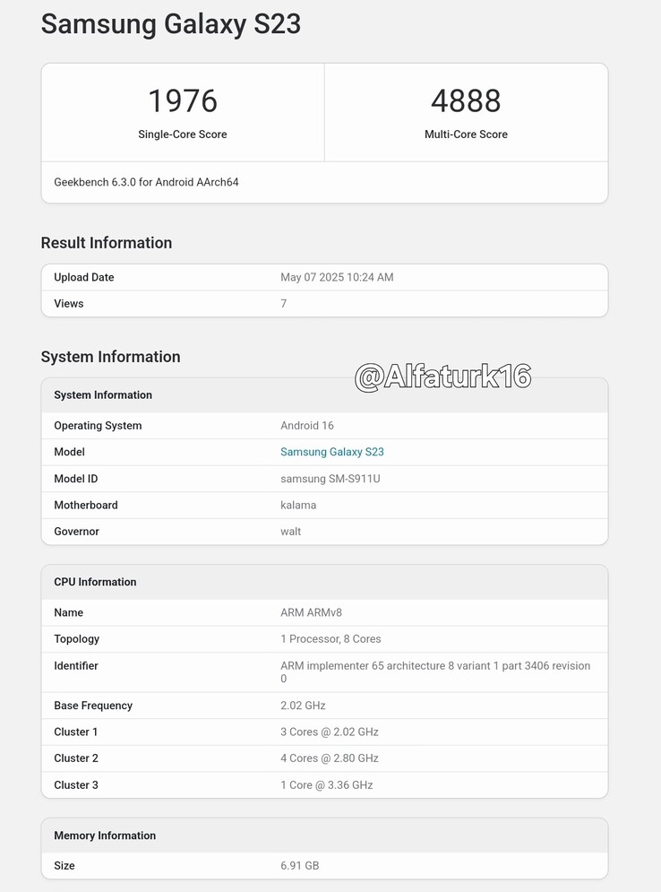 A "Galaxy S23" seems to run Android 16 on Geekbench. (Source: Geekbench via @Alfaturk16 on X)