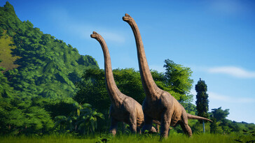 An image showing two Brachiosaurus in Jurassic World Evolution.