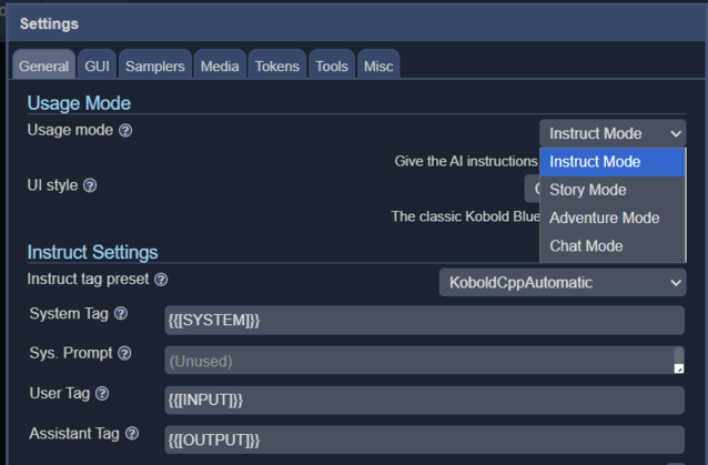 Instruct is used for giving the LLM instructions, chat is similar to a chatbot, story is good for novel-style writing and adventure is best for RPG-style interactive fiction.