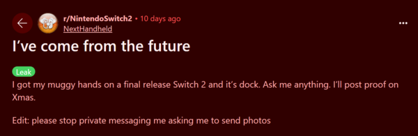 At least one anonymous user on Reddit claims to already have a Switch 2 in hand, promising to share details on Christmas Day. (Image Source: Reddit)