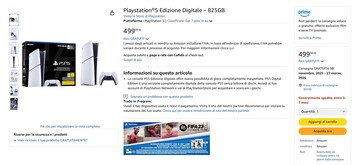 The PS5 Digital Edition with 825GB is available on Amazon Italy. (Image source: Amazon)