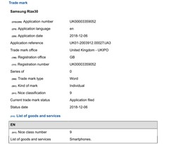 Samsung Rize30 trademark details (Source: European Union Intellectual Property Office)