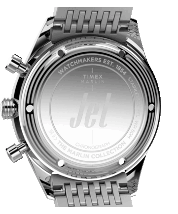 Rear view of the Timex Marlin Jet Chronograph showing its stainless-steel caseback, concentric-circle detailing, engraved markings, and Jet logo.
