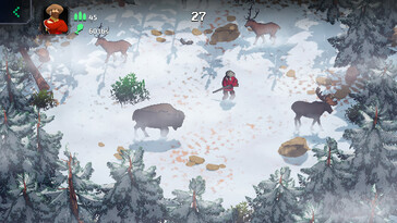 An image showing a character and animals in The Oregon Trail.