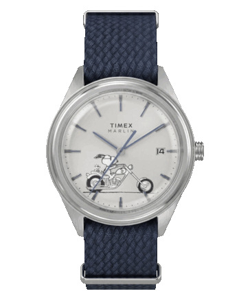 Front view of the Peanuts x Timex Marlin Jet Automatic Easy Rider watch with a silver-white dial featuring Snoopy riding a motorcycle, blue hour markers and hands, a domed Hesalite crystal,