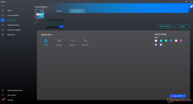 Asus keyboard lighting settings. Though there aren't as many options as on a per-key RGB gaming laptop, there are more colors and effects to choose from than on most Ultrabooks or multimedia laptops