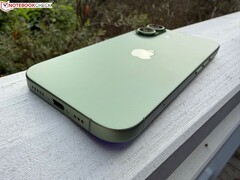Close-up of the green iPhone 17 showing the USB-C charging port and camera module (Image source: Notebookcheck)