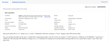 Surface Pro 8 engineering sample - Product description. (Image Source: eBay)