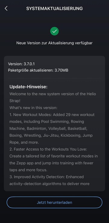The release notes for software version 3.7.0.1 for the Amazfit Helio Strap. (Image source: u/85Blickwinkel via Reddit)