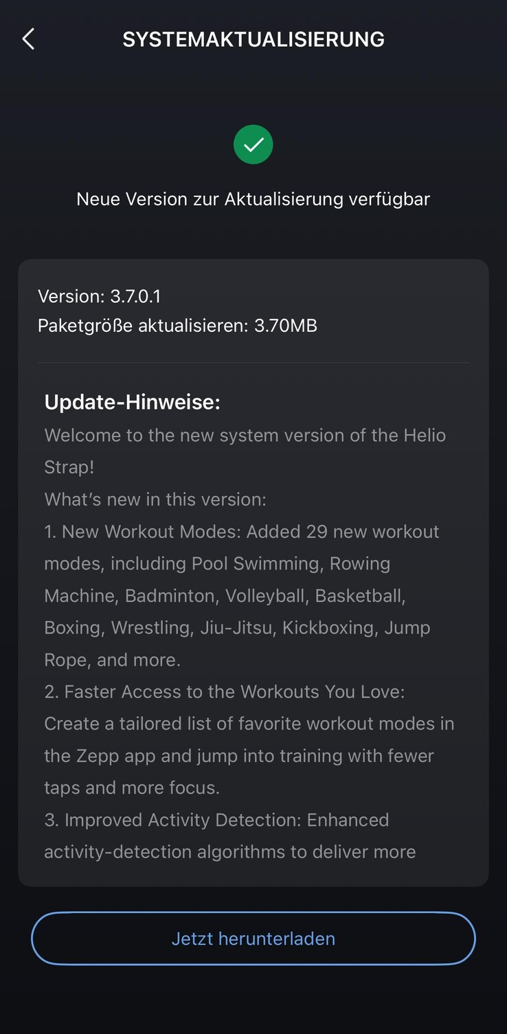 The release notes for software version 3.7.0.1 for the Amazfit Helio Strap. (Image source: u/85Blickwinkel via Reddit)