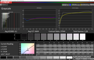 CalMAN grayscale (target color space P3), color profile: Vivid, warm