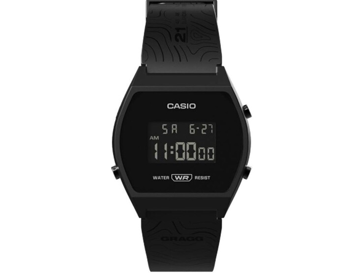 Front view of the Casio x GRAGG LW-204GRAGG-1BDF digital watch with a black resin case and patterned strap.