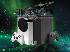 Final Fantasy 7 Rebirth logo above Xbox consoles and storage