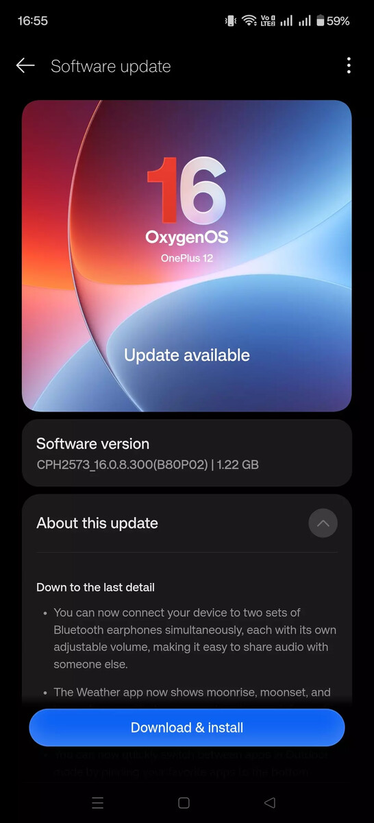 OnePlus 12 software update screen displaying the OxygenOS 16.0.8.300 update, highlighting new dual Bluetooth audio support and other feature additions.