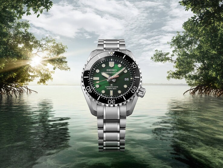 Seiko Marinemaster HBF003J1 on a stainless steel bracelet, shown against a tropical mangrove landscape with green foliage, calm water, and sunlight in the background.