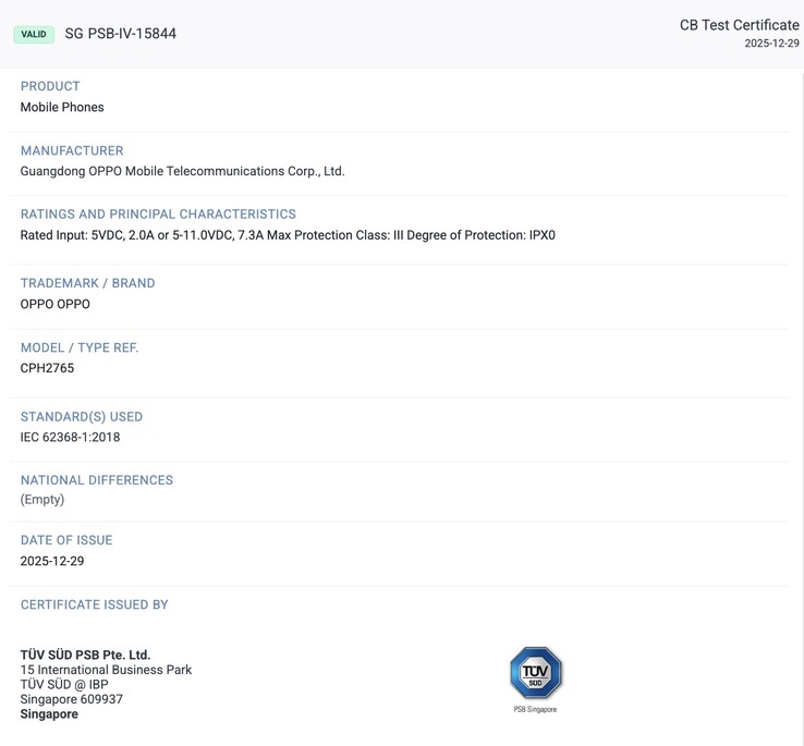 TÜV SÜD certification of the Oppo Find N6. (Image source: TÜV SÜD)
