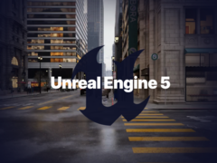 The Unreal Engine 5 logo with a rendered environment in the background (image source: Epic)