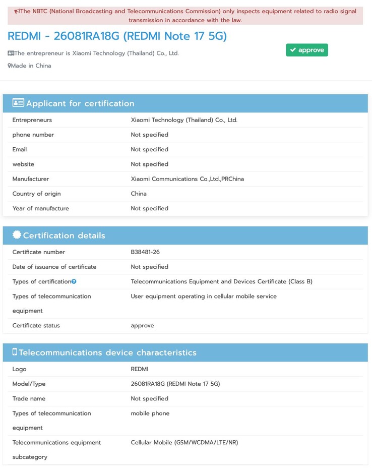 NBTC certification of the Redmi Note 17 Pro Max.