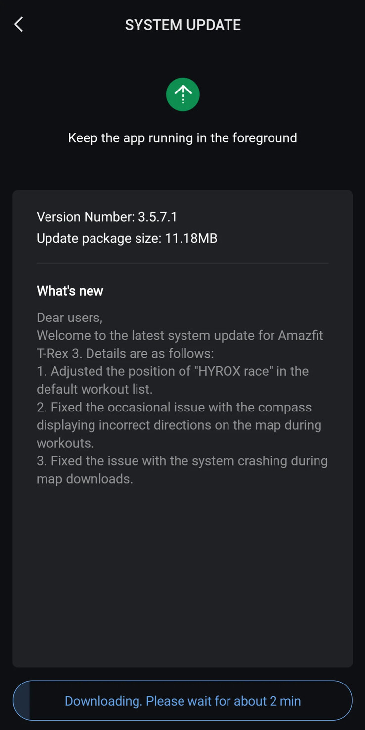 The release notes for firmware version 3.5.7.1 for the Amazfit T-Rex 3 smartwatch. (Image source: u/Ech0ke via Reddit)