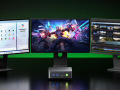 The NucBox K17 mini PC starts at $544.99 with the special discount code. Pictured: the mini PC connected to three displays.