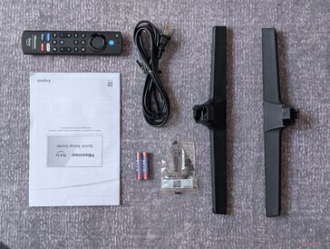 All included accessories. While the remote works well, the AC power cable is relatively short as it is only as long as the TV is wide