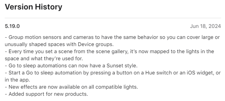 The change log for the Philips Hue app version 5.19.0.