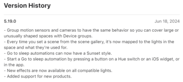 The change log for the Philips Hue app version 5.19.0.