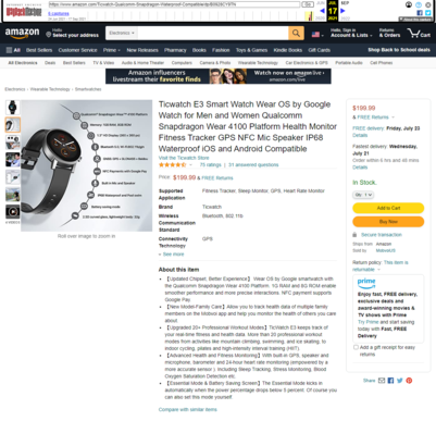 Mobvoi described the TicWatch E3 as having the Wear 4100 in July. (Image source: Web Archive & Amazon)