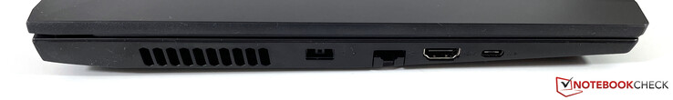 Left: power (slim tip), Gigabit ethernet, HDMI 2.0, USB-C 3.2 Gen 1