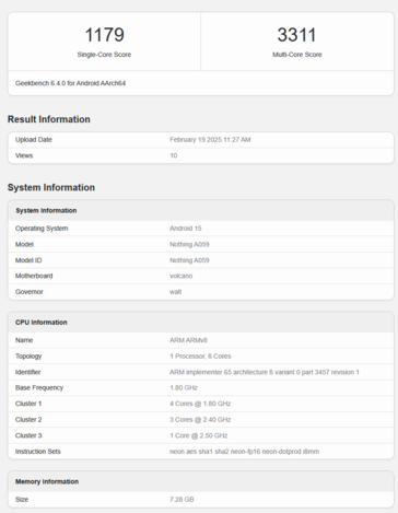 Nothing Phone 3a Geekbench listing (image source: Geekbench)
