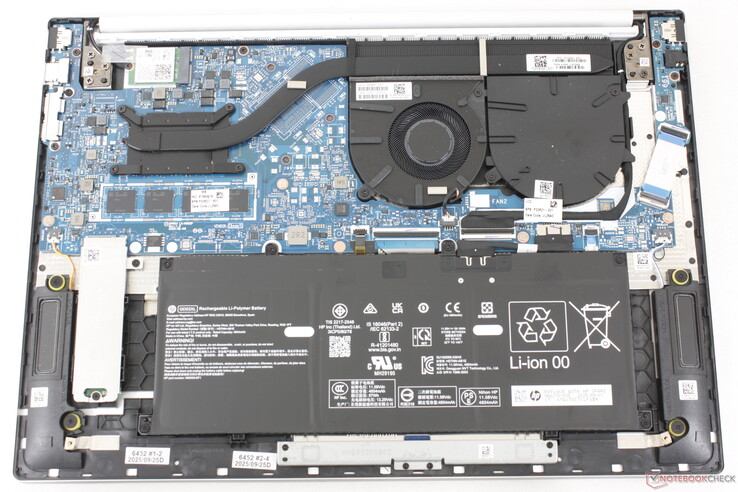 OmniBook 5 16 motherboard. Note the unoccupied slots for a potential discrete GPU and a secondary fan