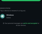 WhatsApp settings showing the list of linked devices and the note about end-to-end encryption