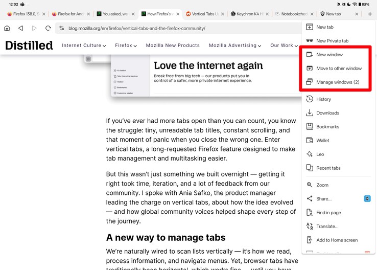 Brave multi window management in app options screenshot