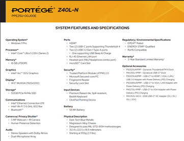 Complete specs of the Core Ultra 5 variant (Image source: Dynabook)