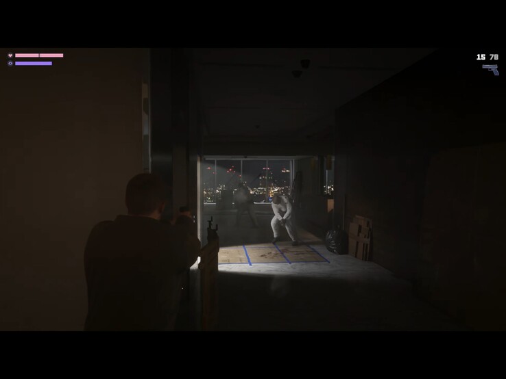 A screenshot from the Extended Look showing Jason and Lucia's escape from a high-rise building.