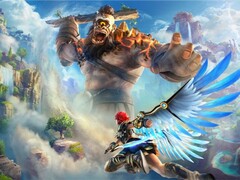 Fenyx soars with glowing blue wings while facing a towering fiery giant in Immortals Fenyx Rising’s mythical open-world setting. (Image source: Ubisoft)