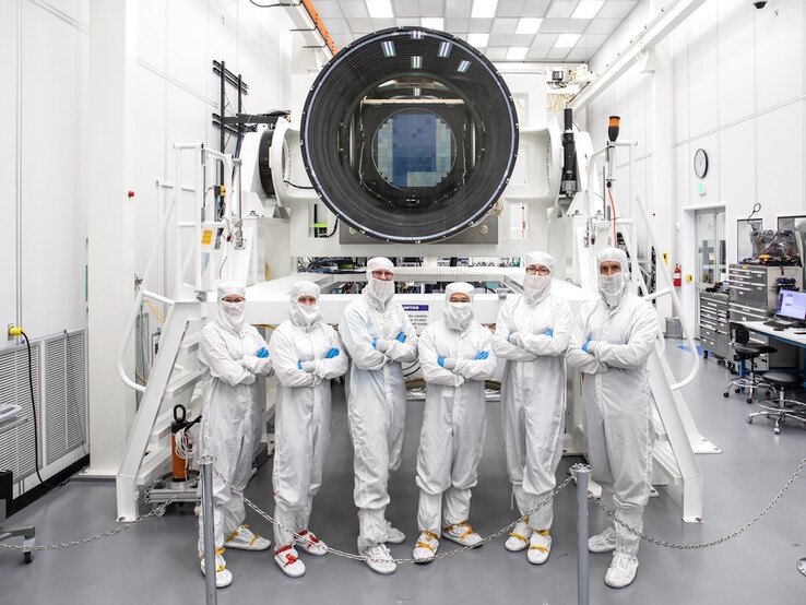 The LSST camera mounted in the Simonyi Survey Telescope weighs 2800 kg (6000 lbs.) and uses 75 cm (30 in.) filters to image the night sky from the ultraviolet to near-IR light spectrum. (Image source: SLAC National Accelerator Laboratory)