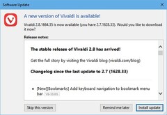 Vivaldi 2.8 update notification (Source: Own)