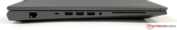 Left side: Ethernet, slot for a nano security lock, 3x USB 3.2 Gen 1 (1x powered), 3.5 mm stereo jack, SmartCard