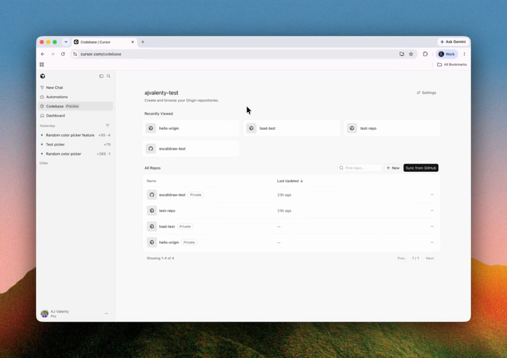 The UI of Origin, a feature of Cursor