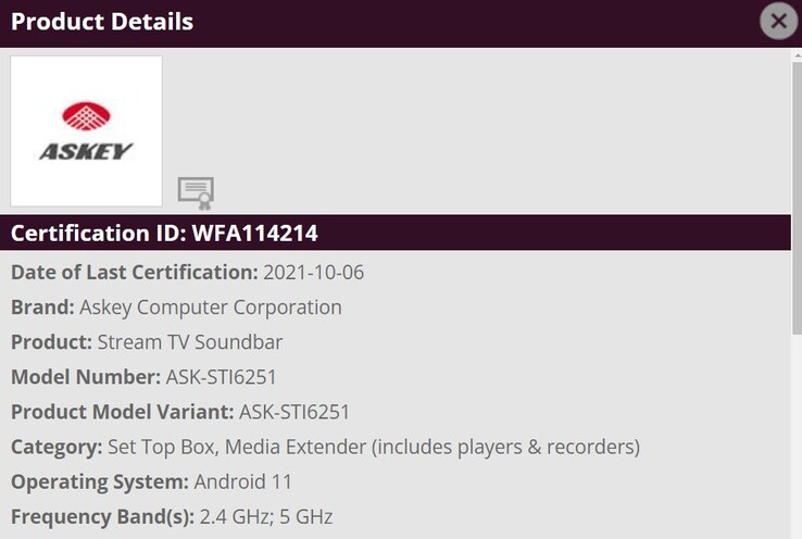 The "Verizon Stream TV Soundbar" pops up in new leaks. (Source: Wi-Fi Alliance via Android TV Guide)