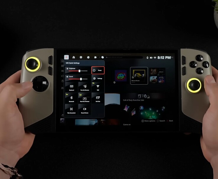 MSI Claw 8 AI handheld gaming PC showing the Windows 11 Xbox Full-Screen Experience with the MSI Quick Settings panel open, highlighting power and brightness controls. (ETA Prime via YouTube)